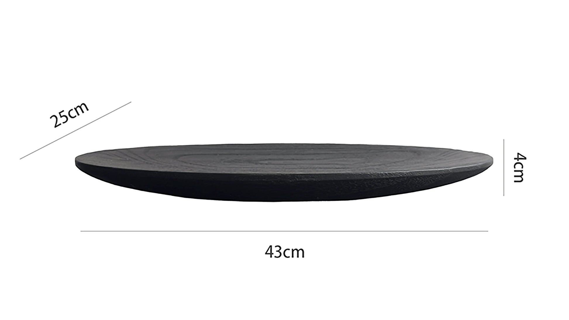 Measurement chart of a round wooden product with dimensions and text on a white background