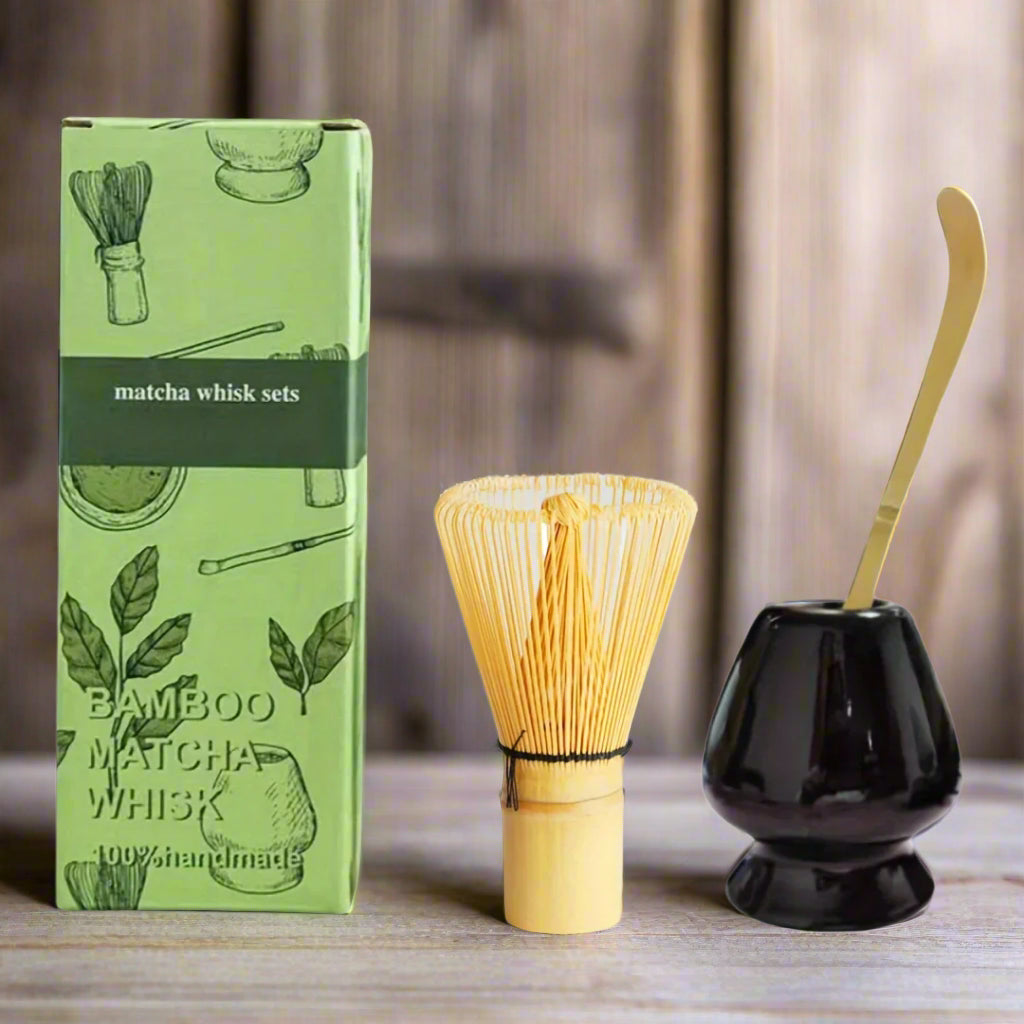 Bamboo matcha whisk set with green packaging on a white background
