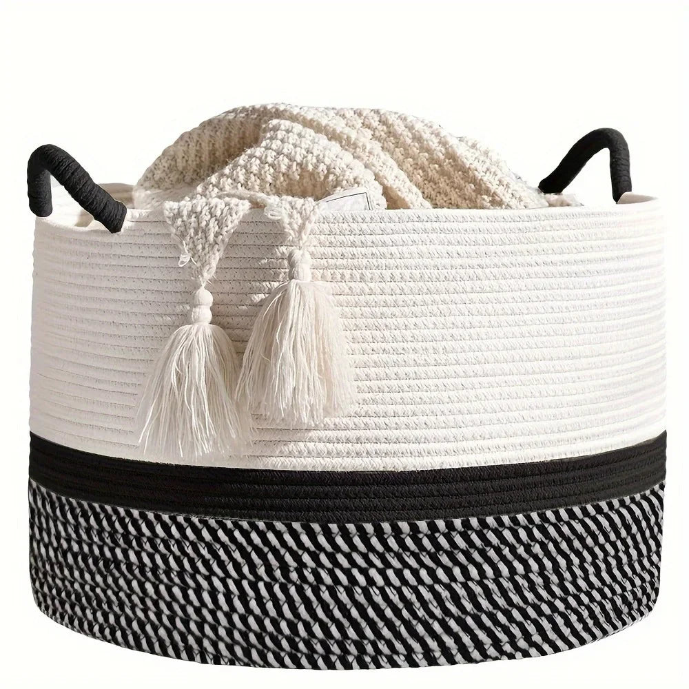 White woven basket with black handles and trim on a white background