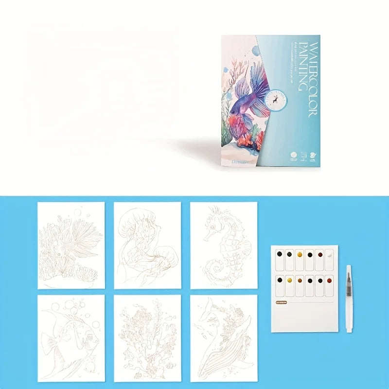 Set of watercolor painting paper with a pen and color swatches on a blue background