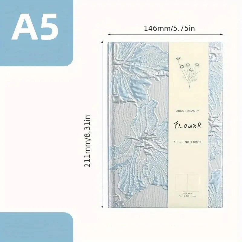 A5 notebook with floral design and dimensions displayed
