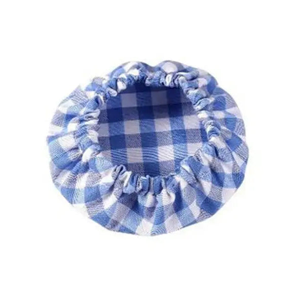 Blue and white checkered pot holder on a white background