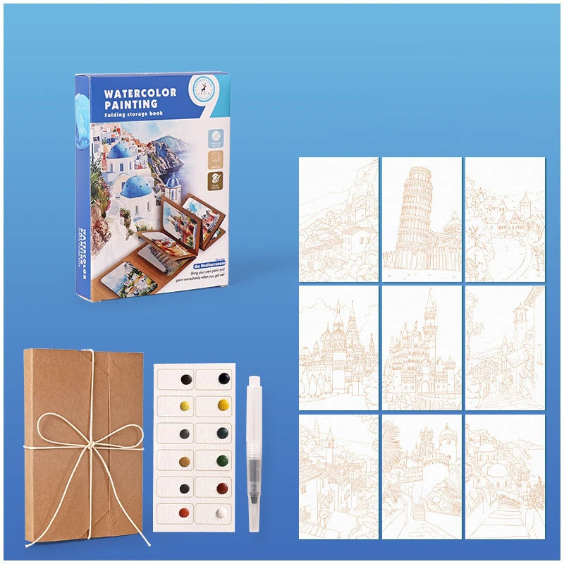 Watercolor painting set with packaging, paper, and markers on a blue background