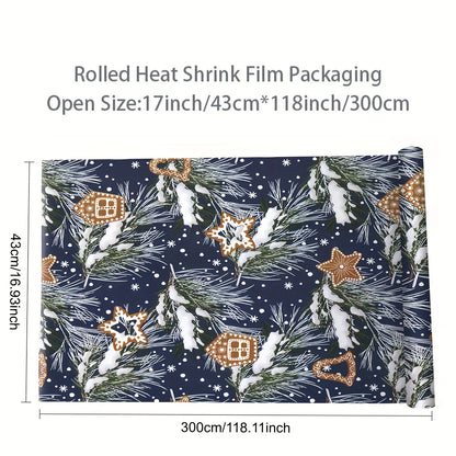 Rolled heat shrink film packaging with Christmas design and dimensions.