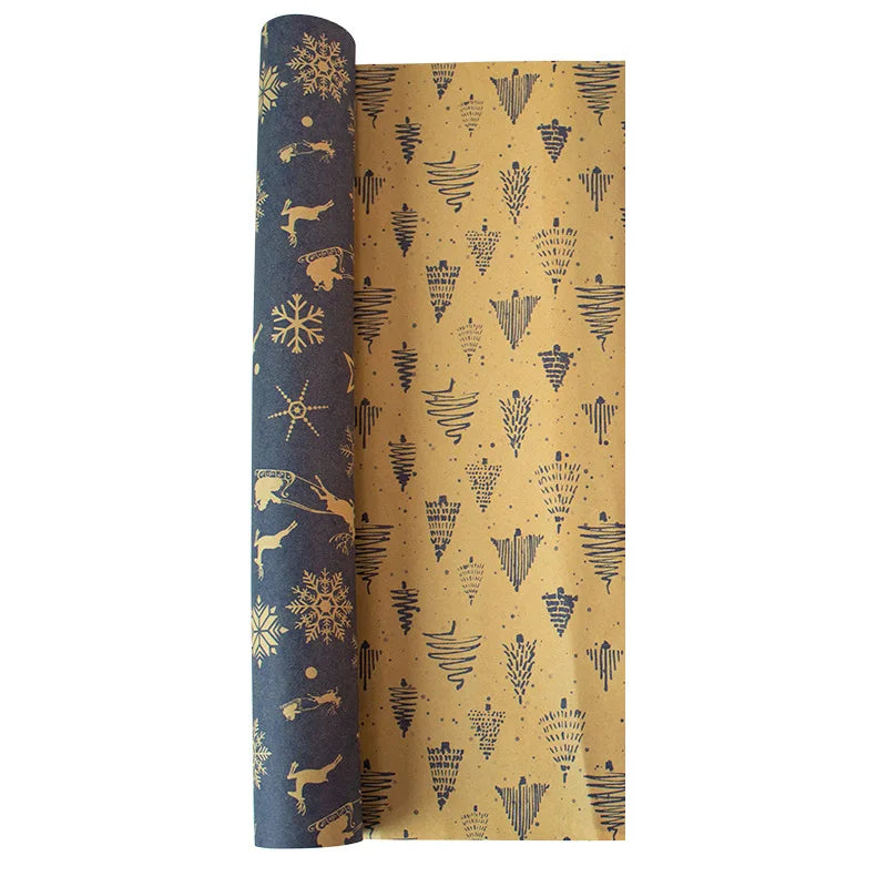 Two rolls of patterned paper, one blue with gold designs and the other beige with black designs, on a white background.