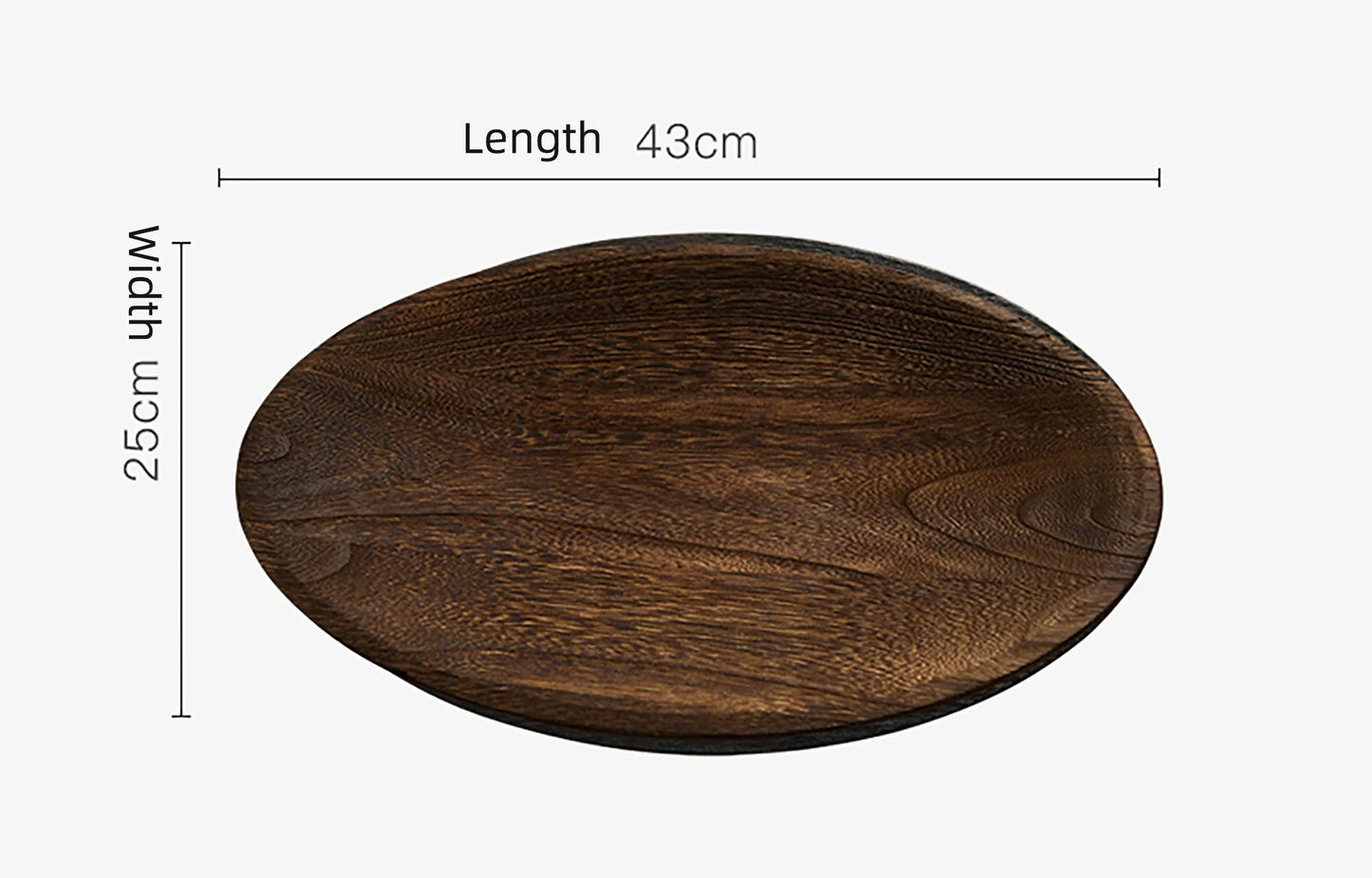 Wooden round tray with dimensions on a white background