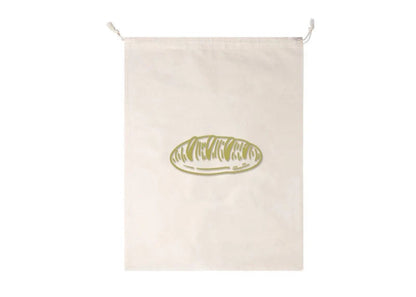 Beige towel with a green bread design on a white background