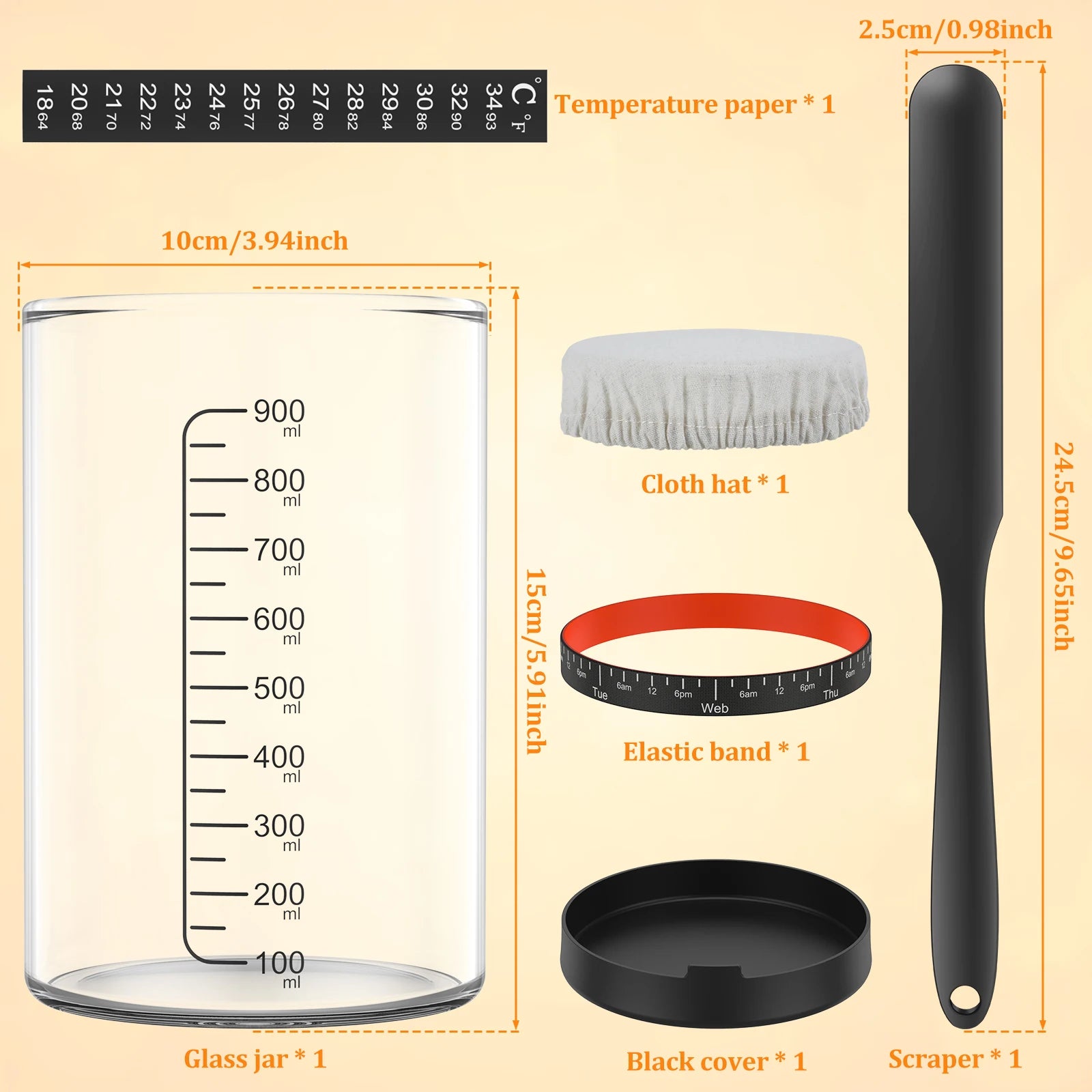 Measurement chart of a glass jar with its components and dimensions on a beige background.