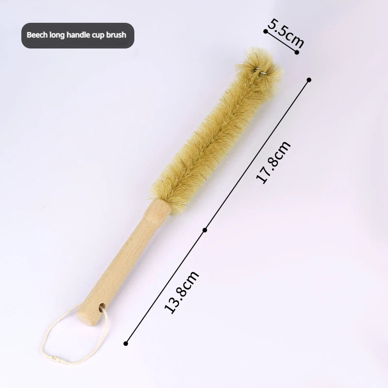 Beech long handle cup brush with measurements on a white background