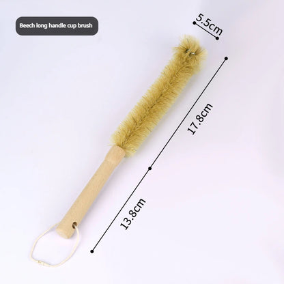 Beech long handle cup brush with measurements on a white background