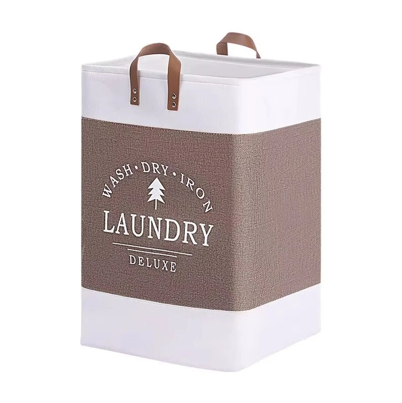 Laundry basket with brown and white design on a white background
