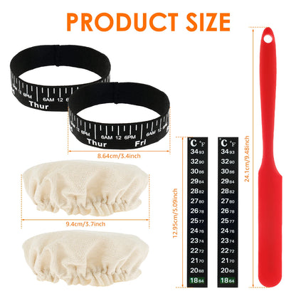 Set of kitchen tools including a measuring tape, spatula, and oven mitts with size indicators.