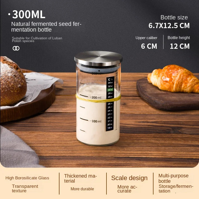 300ml natural fermented seed fermentation bottle on a wooden surface with bread and a croissant.