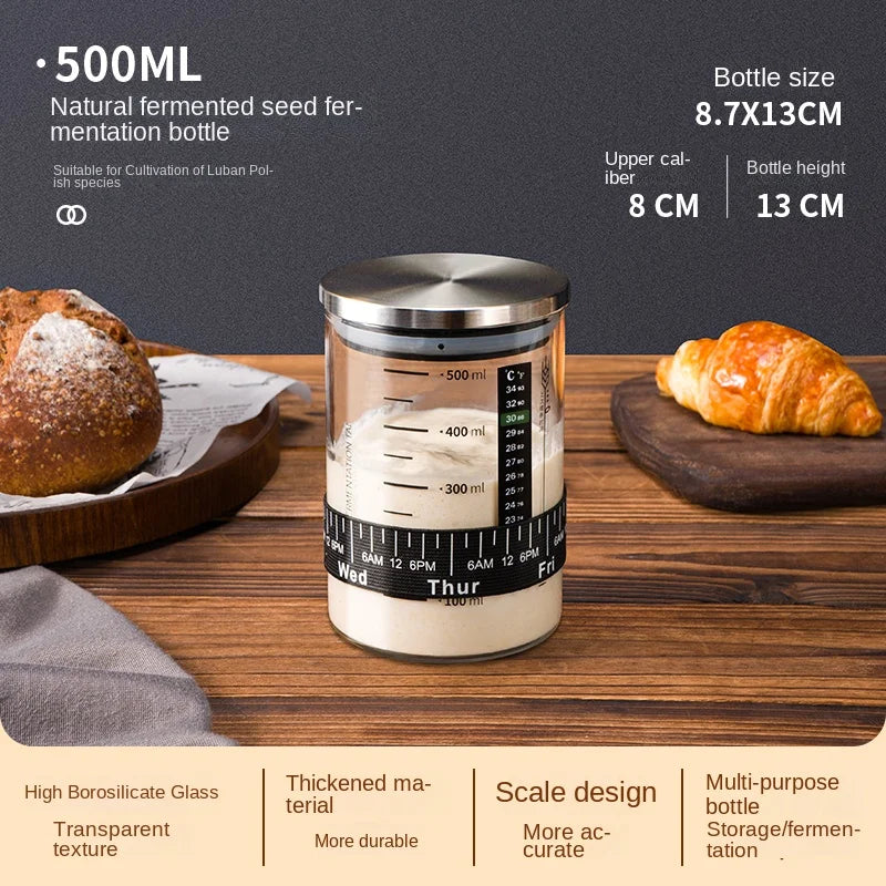 500ml fermentation bottle with bread and a croissant on a wooden surface