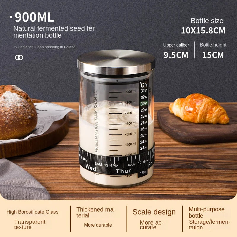 Fermentation bottle with bread and croissant on a wooden surface, featuring product details.
