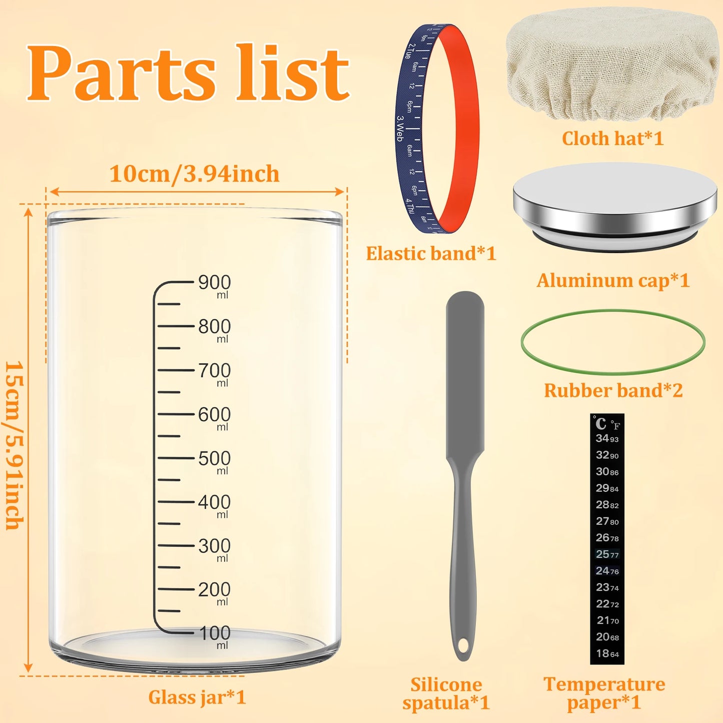 Parts list of a glass jar with measurements and additional items on a beige background