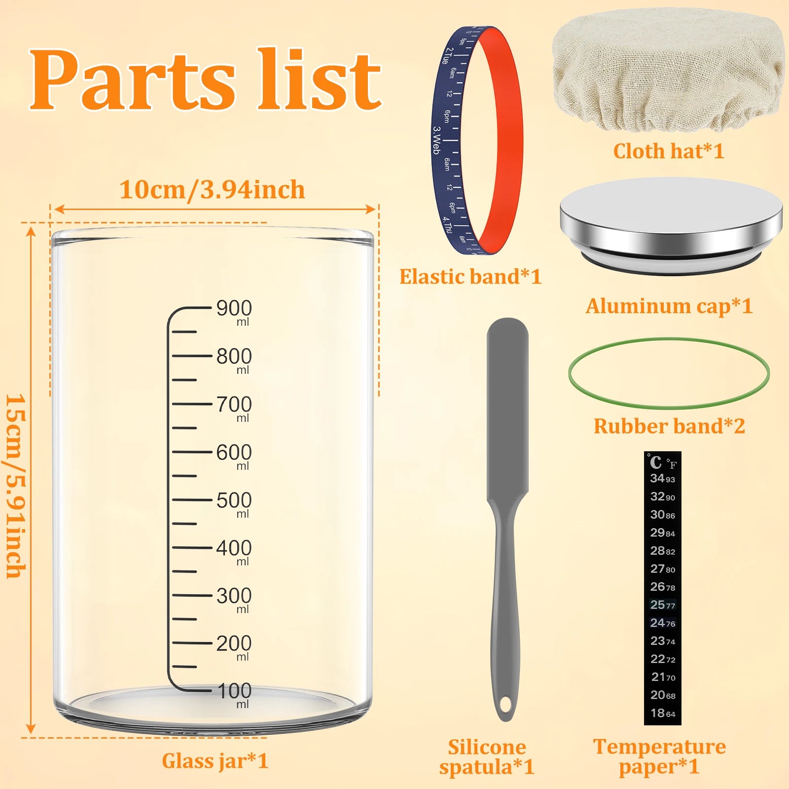 Parts list of a glass jar with measurements and additional items on a beige background