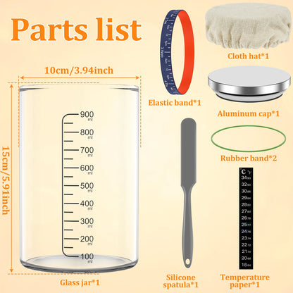 Parts list of a glass jar with measurements and additional items on a beige background