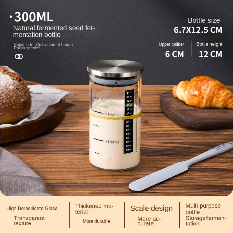 300ml natural fermented seed fermentation bottle on a wooden surface with bread and a knife.