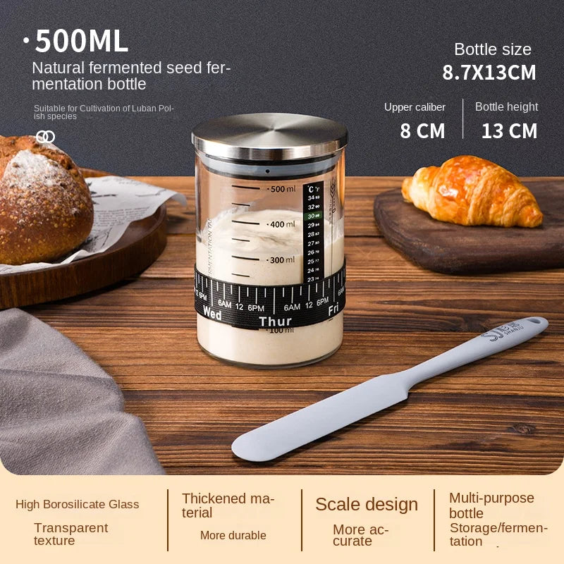 500ml fermentation bottle on a wooden surface with bread and a knife, surrounded by product details.