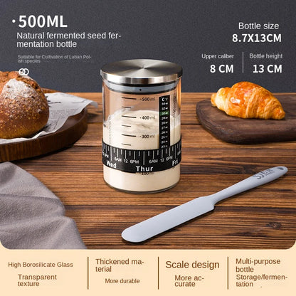 500ml fermentation bottle on a wooden surface with bread and a knife, surrounded by product details.