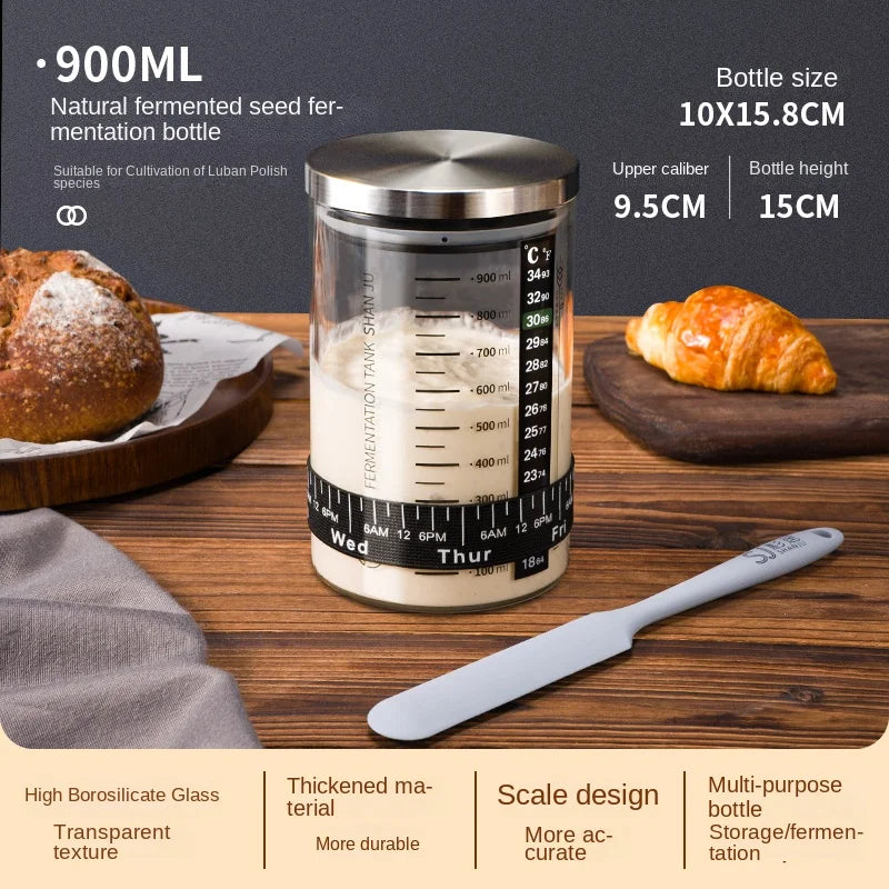 900ml fermentation bottle with bread and a knife on a wooden surface