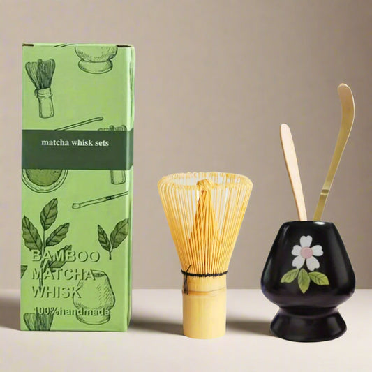Matcha whisk set with green packaging on a white background