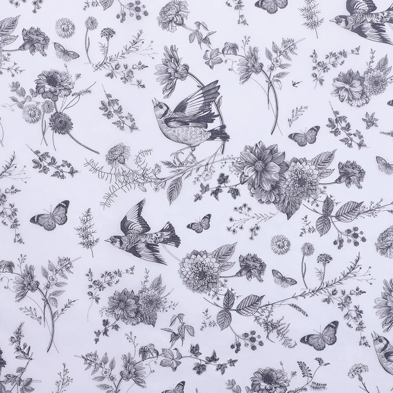 Pattern of birds, flowers, and butterflies on a light blue background