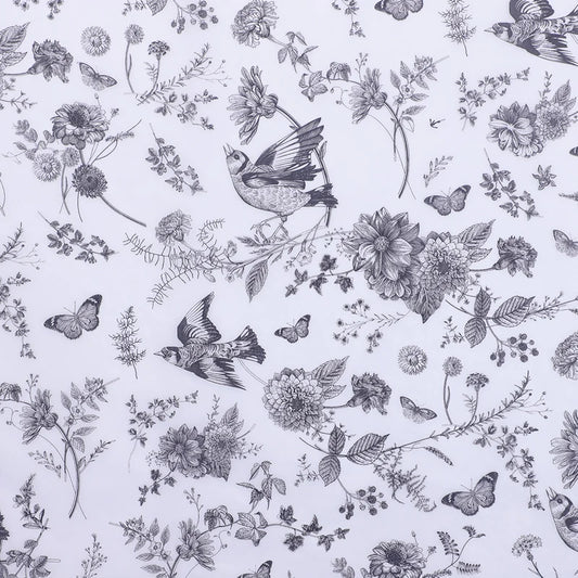 Pattern of birds, flowers, and butterflies on a light blue background
