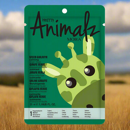 Green packaging of Pretty Animalz Moika with a giraffe illustration on a white background