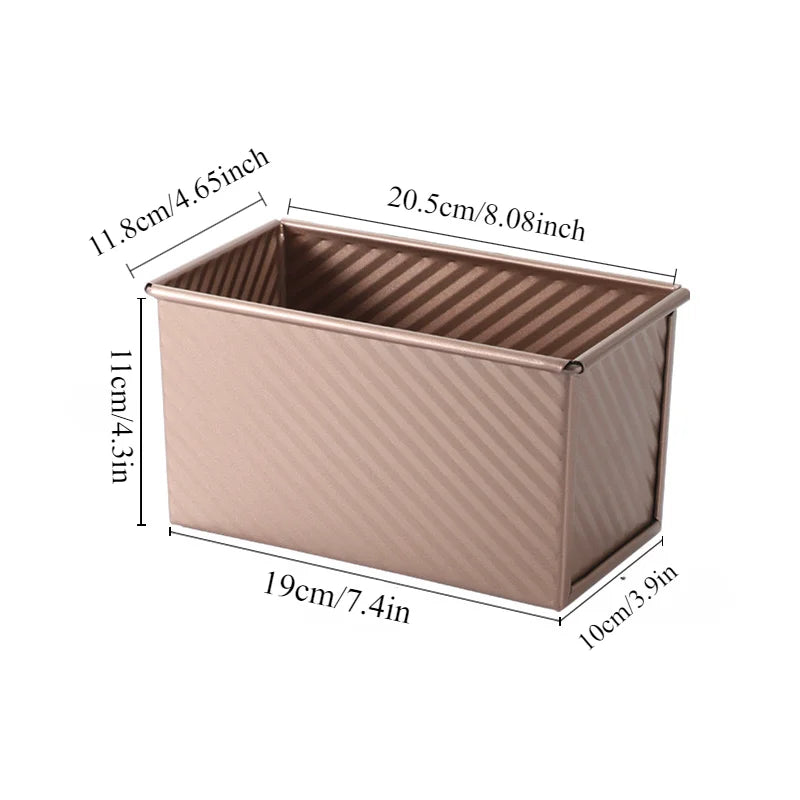 Rectangular metal bread loaf pan with dimensions labeled