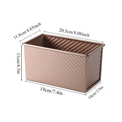Rectangular metal bread loaf pan with dimensions labeled