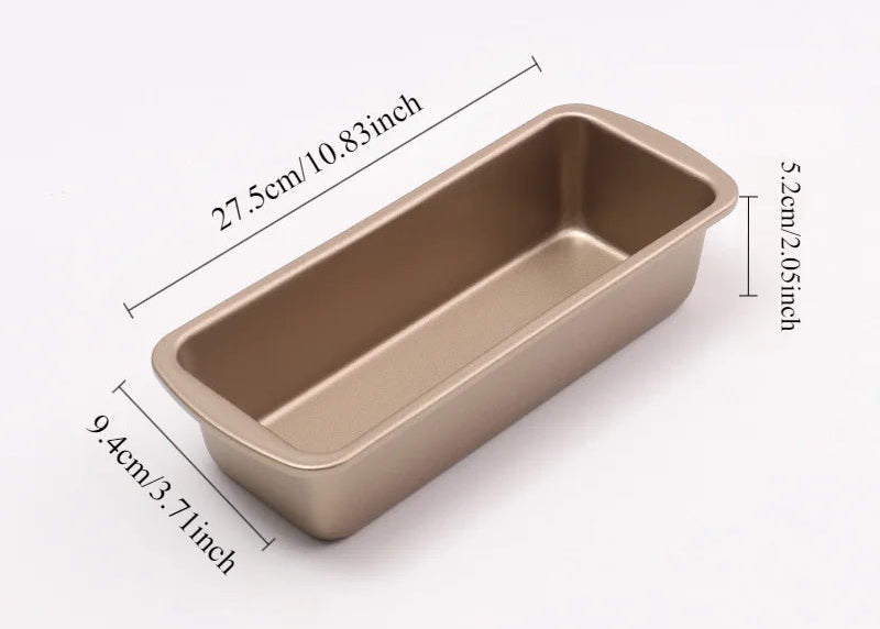Gold-colored loaf pan with dimensions labeled on a white background