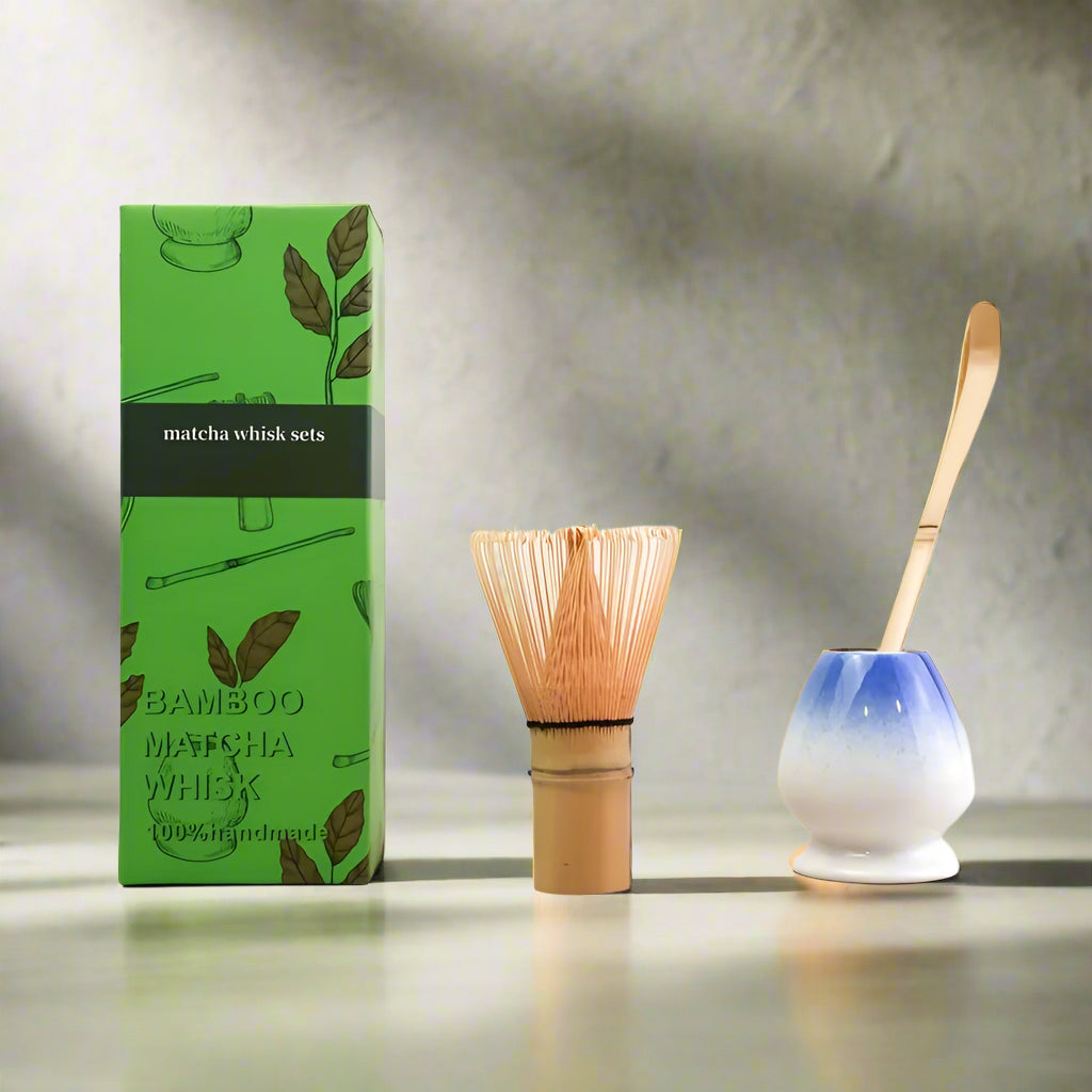 Matcha whisk set with green packaging on a white background