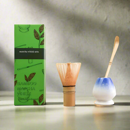 Matcha whisk set with green packaging on a white background