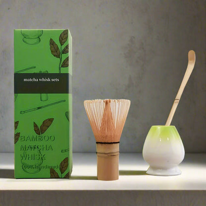 Matcha whisk set with green packaging on a white background