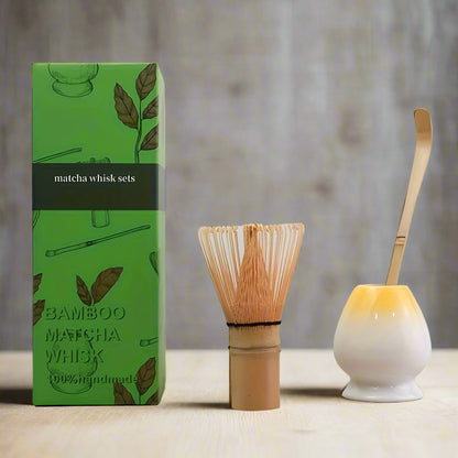 Bamboo matcha whisk set with green packaging on a white background
