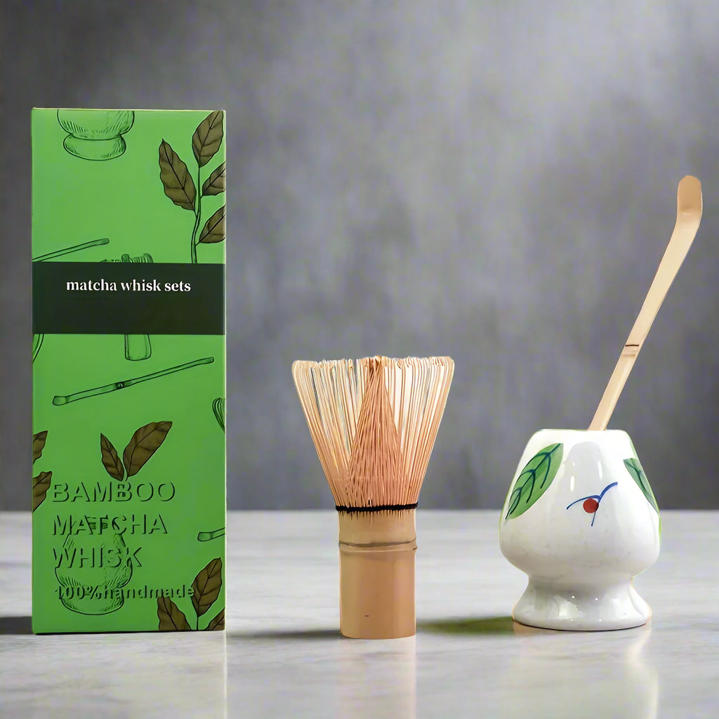 Matcha whisk set with green packaging on a white background