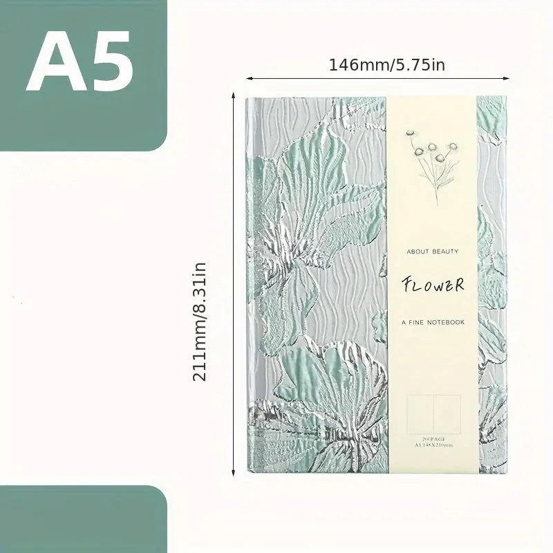 A5 notebook with floral design and dimensions displayed