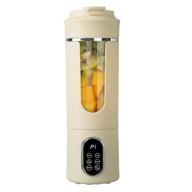 Beige portable blender with fruits inside on a white background