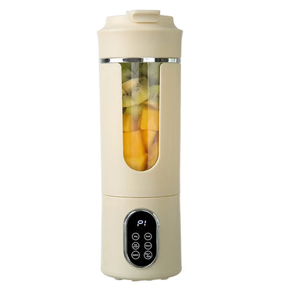 Beige portable blender with fruits inside on a white background