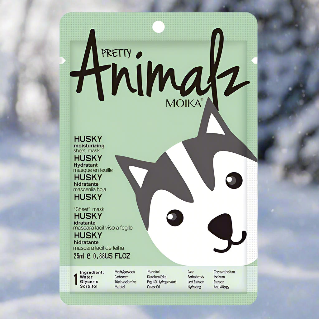 Pretty Animalz Moika Husky sheet mask packaging on a white background