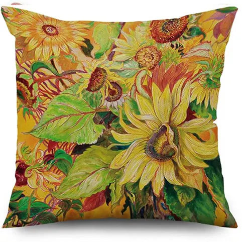 Decorative pillow with a vibrant sunflower pattern on a white background