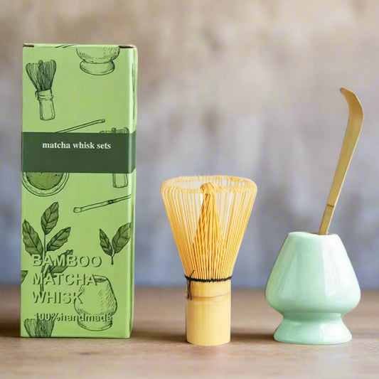 Matcha whisk set with green packaging on a white background