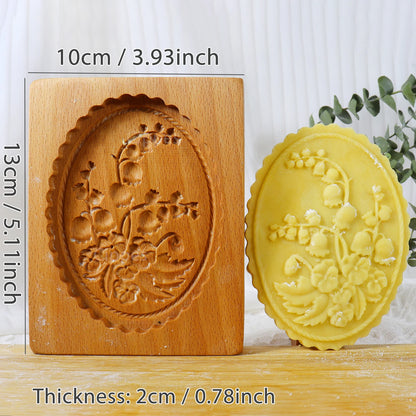 Wooden mold with floral design next to a yellow soap bar, showing dimensions.
