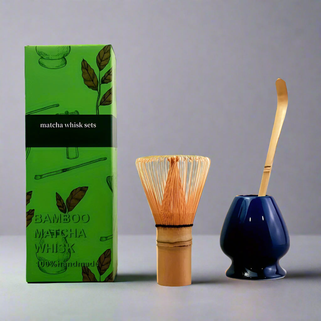 Matcha whisk set with green packaging on a white background