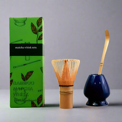 Matcha whisk set with green packaging on a white background