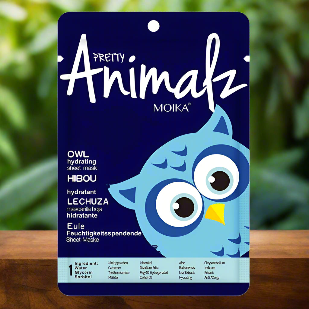 Blue owl sheet mask packaging with 'Pretty Animalz' branding on a white background