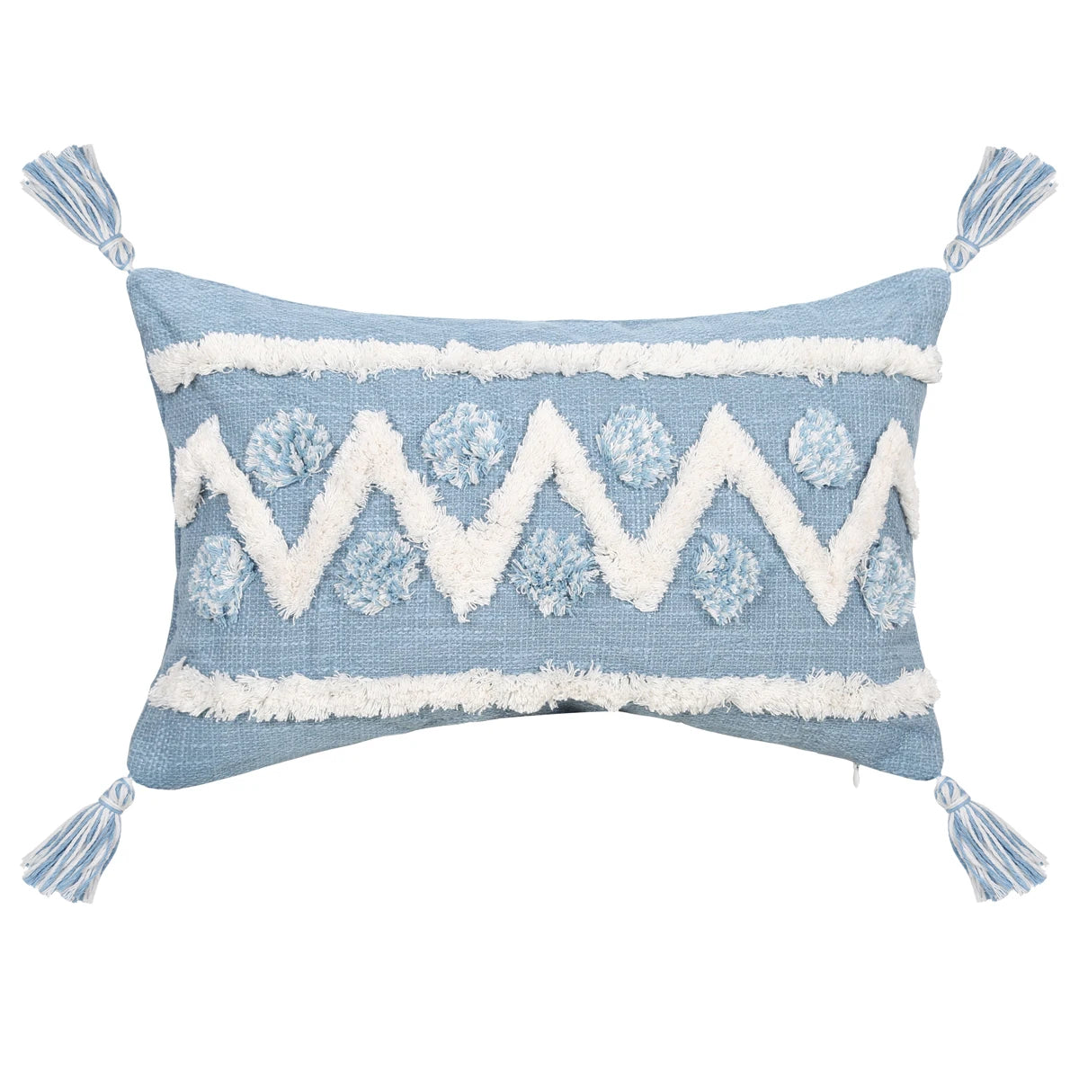 Decorative blue pillow with white zigzag pattern and tassels on a white background