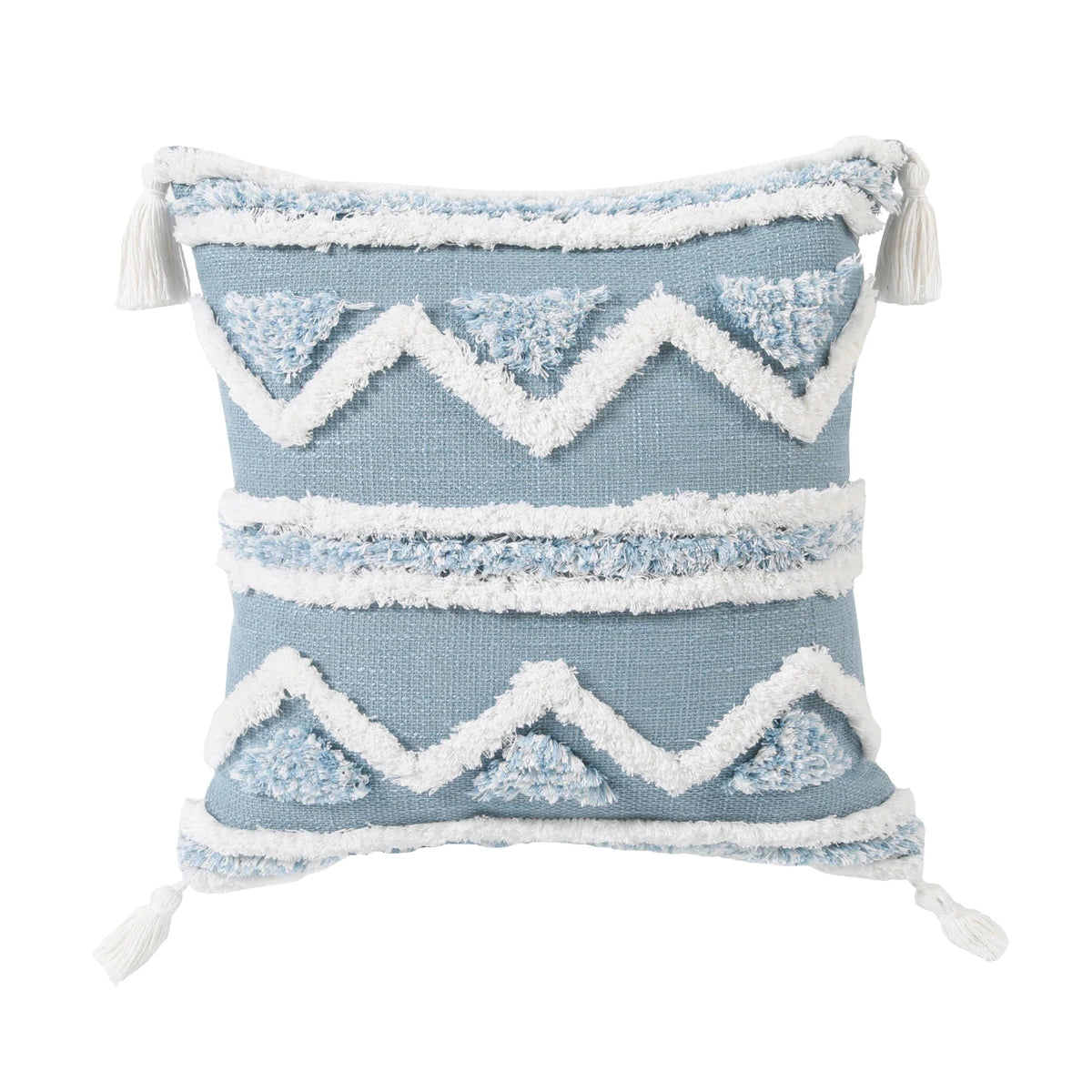 Decorative pillow with blue and white zigzag pattern on a white background